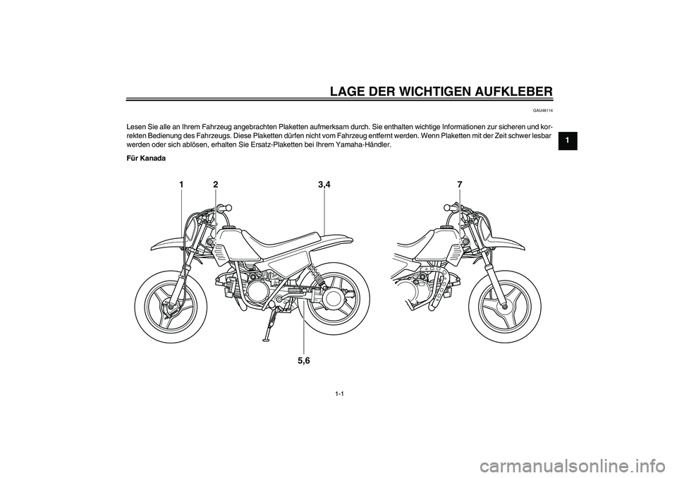 YAMAHA PW50 2011 Betriebsanleitungen (in German) LAGE DER WICHTIGEN AUFKLEBER1-1
1
GAU48114
Lesen Sie alle an Ihrem Fahrzeug angebrachten Plaketten aufmerksam durch. Sie enthalten wichtige Informationen zur sicheren und kor-
rekten Bedienung des Fah YAMAHA PW50 2011 Betriebsanleitungen (in German) LAGE DER WICHTIGEN AUFKLEBER1-1
1
GAU48114
Lesen Sie alle an Ihrem Fahrzeug angebrachten Plaketten aufmerksam durch. Sie enthalten wichtige Informationen zur sicheren und kor-
rekten Bedienung des Fah