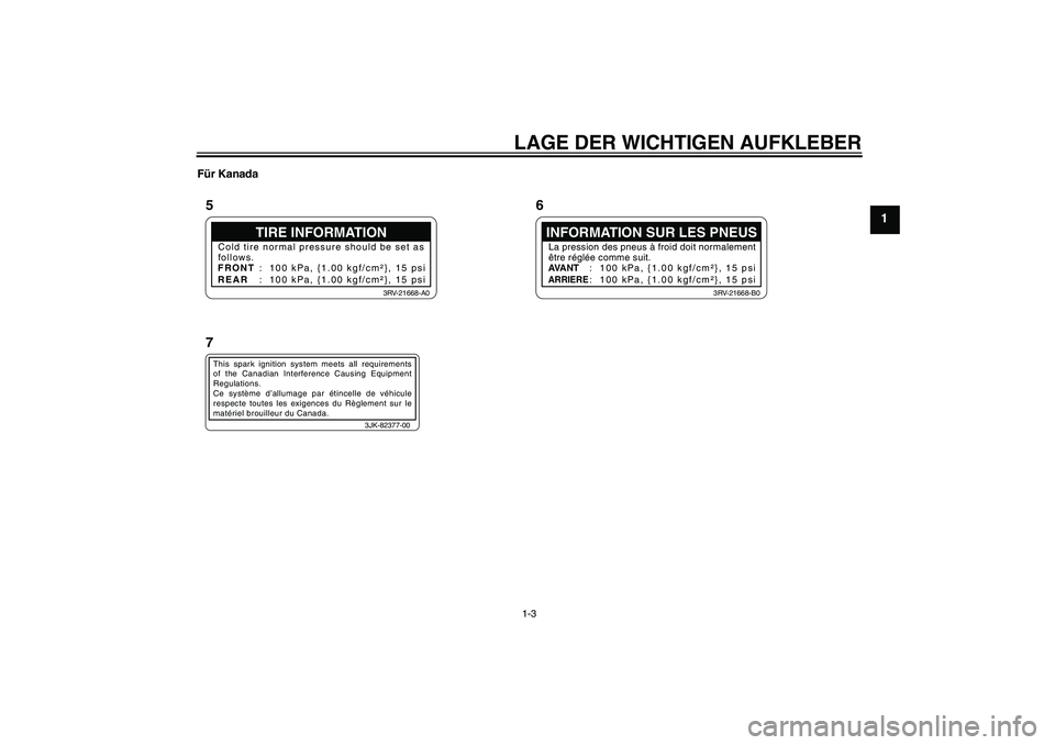 YAMAHA PW50 2011 Betriebsanleitungen (in German) LAGE DER WICHTIGEN AUFKLEBER1-3
1
Für Kanada
TIRE INFORMATION
Cold tire normal pressure should be set as
follows.
FRONT
REAR: 100 kPa, {1.00 kgf/cm²}, 15 psi
: 100 kPa, {1.00 kgf/cm²}, 15 psi
3RV YAMAHA PW50 2011 Betriebsanleitungen (in German) LAGE DER WICHTIGEN AUFKLEBER1-3
1
Für Kanada
TIRE INFORMATION
Cold tire normal pressure should be set as
follows.
FRONT
REAR: 100 kPa, {1.00 kgf/cm²}, 15 psi
: 100 kPa, {1.00 kgf/cm²}, 15 psi
3RV