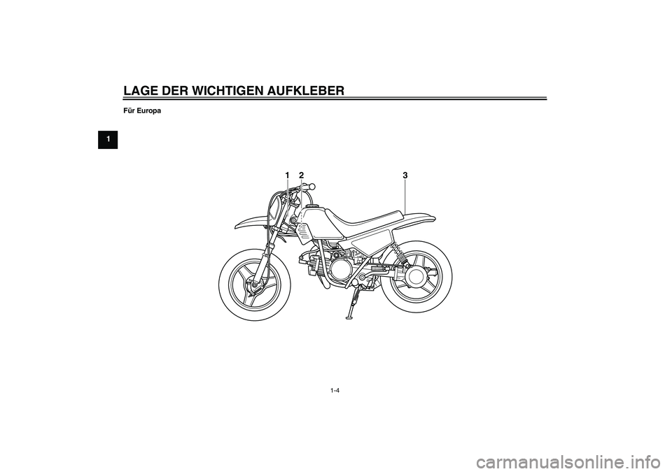 YAMAHA PW50 2011 Betriebsanleitungen (in German) LAGE DER WICHTIGEN AUFKLEBER
1-4
1
Für Europa
3
2
1
U5PG8AG0.book Page 4 Thursday, April 8, 2010 9:46 AM YAMAHA PW50 2011 Betriebsanleitungen (in German) LAGE DER WICHTIGEN AUFKLEBER
1-4
1
Für Europa
3
2
1
U5PG8AG0.book Page 4 Thursday, April 8, 2010 9:46 AM