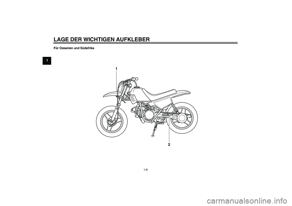 YAMAHA PW50 2011 Betriebsanleitungen (in German) LAGE DER WICHTIGEN AUFKLEBER
1-8
1
Für Ozeanien und Südafrika
1
2
U5PG8AG0.book Page 8 Thursday, April 8, 2010 9:46 AM YAMAHA PW50 2011 Betriebsanleitungen (in German) LAGE DER WICHTIGEN AUFKLEBER
1-8
1
Für Ozeanien und Südafrika
1
2
U5PG8AG0.book Page 8 Thursday, April 8, 2010 9:46 AM