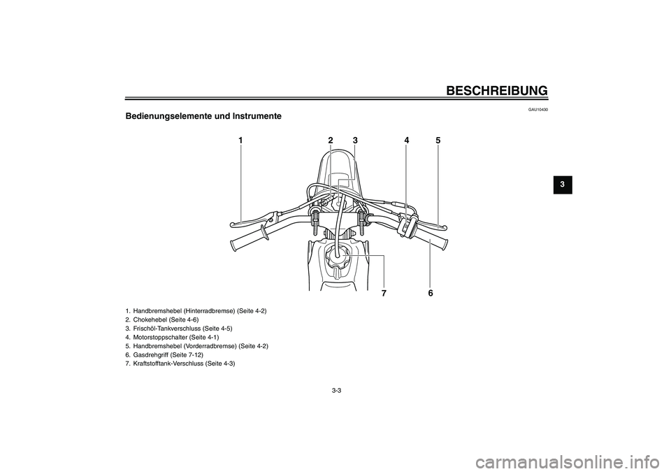 YAMAHA PW50 2011  Betriebsanleitungen (in German) BESCHREIBUNG
3-3
3
GAU10430
Bedienungselemente und Instrumente
12
7 345
6
1. Handbremshebel (Hinterradbremse) (Seite 4-2)
2. Chokehebel (Seite 4-6)
3. Frischöl-Tankverschluss (Seite 4-5)
4. Motorstop