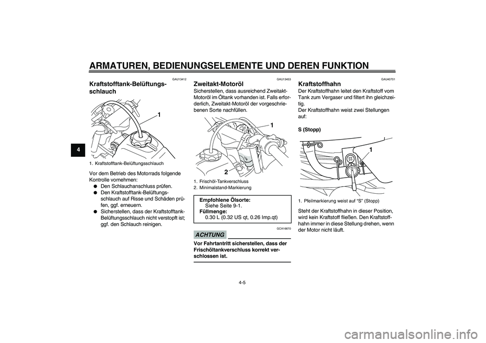 YAMAHA PW50 2011  Betriebsanleitungen (in German) ARMATUREN, BEDIENUNGSELEMENTE UND DEREN FUNKTION
4-5
4
GAU13412
Kraftstofftank-Belüftungs-
schlauch Vor dem Betrieb des Motorrads folgende 
Kontrolle vornehmen:
Den Schlauchanschluss prüfen.

Den 