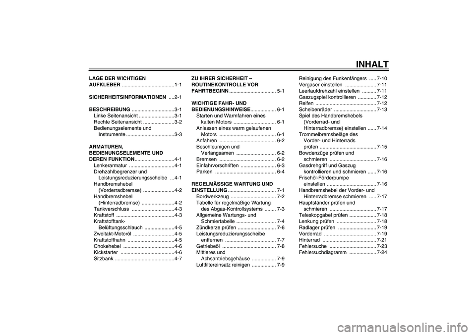 YAMAHA PW50 2011 Betriebsanleitungen (in German) INHALT
LAGE DER WICHTIGEN
AUFKLEBER ..................................... 1-1
SICHERHEITSINFORMATIONEN ....2-1
BESCHREIBUNG .............................. 3-1
Linke Seitenansicht .................... YAMAHA PW50 2011 Betriebsanleitungen (in German) INHALT
LAGE DER WICHTIGEN
AUFKLEBER ..................................... 1-1
SICHERHEITSINFORMATIONEN ....2-1
BESCHREIBUNG .............................. 3-1
Linke Seitenansicht ....................