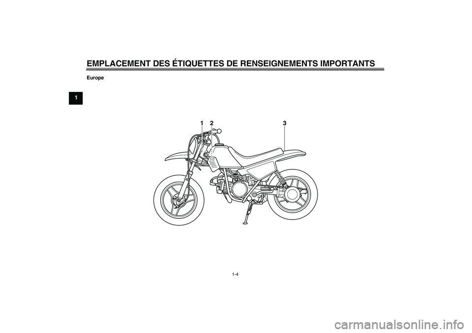 YAMAHA PW50 2011 Notices Demploi (in French) EMPLACEMENT DES ÉTIQUETTES DE RENSEIGNEMENTS IMPORTANTS
1-4
1
Europe
3
2
1
U5PG8AF0.book Page 4 Thursday, April 8, 2010 9:26 AM YAMAHA PW50 2011 Notices Demploi (in French) EMPLACEMENT DES ÉTIQUETTES DE RENSEIGNEMENTS IMPORTANTS
1-4
1
Europe
3
2
1
U5PG8AF0.book Page 4 Thursday, April 8, 2010 9:26 AM