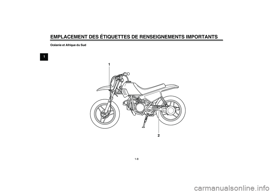 YAMAHA PW50 2011 Notices Demploi (in French) EMPLACEMENT DES ÉTIQUETTES DE RENSEIGNEMENTS IMPORTANTS
1-8
1
Océanie et Afrique du Sud
1
2
U5PG8AF0.book Page 8 Thursday, April 8, 2010 9:26 AM YAMAHA PW50 2011 Notices Demploi (in French) EMPLACEMENT DES ÉTIQUETTES DE RENSEIGNEMENTS IMPORTANTS
1-8
1
Océanie et Afrique du Sud
1
2
U5PG8AF0.book Page 8 Thursday, April 8, 2010 9:26 AM