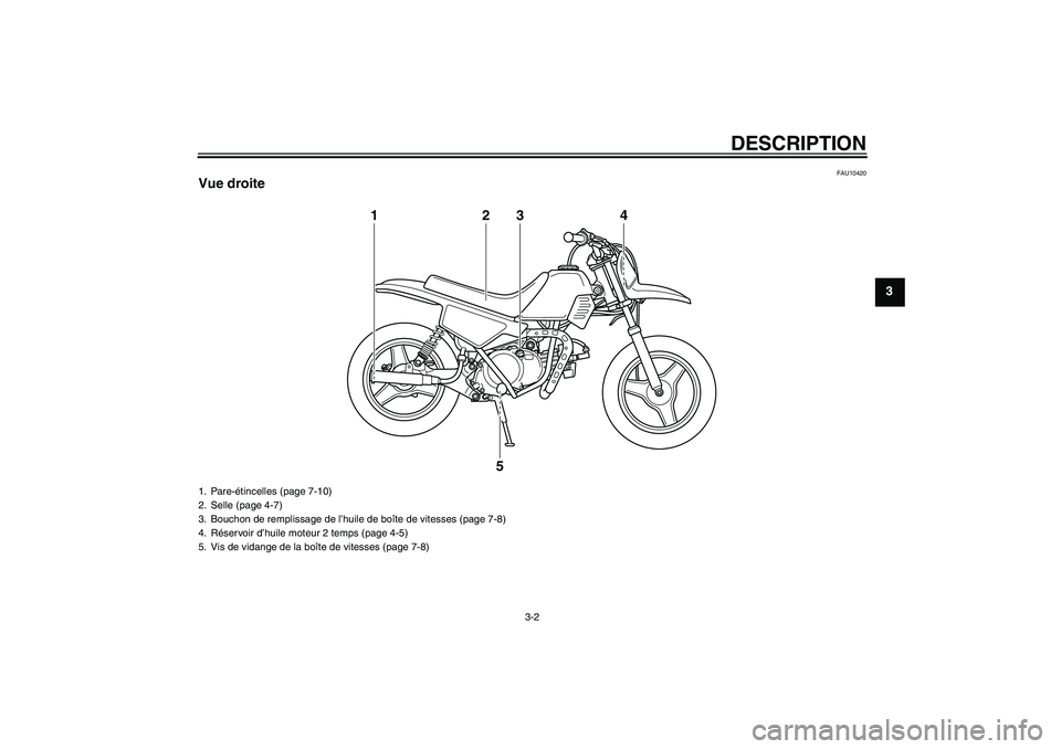YAMAHA PW50 2011  Notices Demploi (in French) DESCRIPTION
3-2
3
FAU10420
Vue droite
1
2
3
4
5
1. Pare-étincelles (page 7-10)
2. Selle (page 4-7)
3. Bouchon de remplissage de l’huile de boîte de vitesses (page 7-8)
4. Réservoir d’huile mote