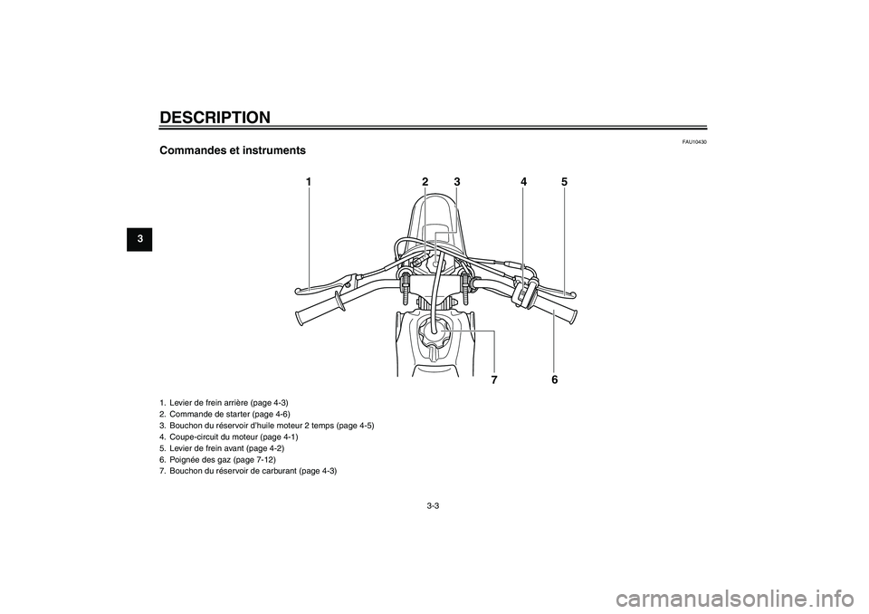 YAMAHA PW50 2011  Notices Demploi (in French) DESCRIPTION
3-3
3
FAU10430
Commandes et instruments
12
7 345
6
1. Levier de frein arrière (page 4-3)
2. Commande de starter (page 4-6)
3. Bouchon du réservoir d’huile moteur 2 temps (page 4-5)
4. 
