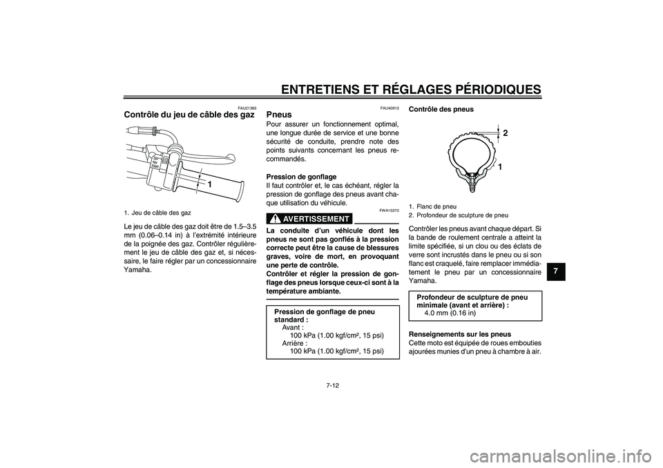 YAMAHA PW50 2011 Notices Demploi (in French) ENTRETIENS ET RÉGLAGES PÉRIODIQUES
7-12
7
FAU21383
Contrôle du jeu de câble des gaz Le jeu de câble des gaz doit être de 1.5–3.5
mm (0.06–0.14 in) à l’extrémité intérieure
de la poign YAMAHA PW50 2011 Notices Demploi (in French) ENTRETIENS ET RÉGLAGES PÉRIODIQUES
7-12
7
FAU21383
Contrôle du jeu de câble des gaz Le jeu de câble des gaz doit être de 1.5–3.5
mm (0.06–0.14 in) à l’extrémité intérieure
de la poign