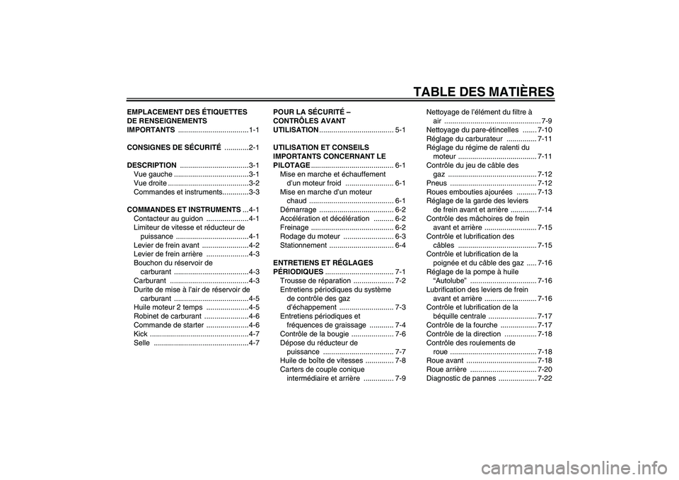 YAMAHA PW50 2011 Notices Demploi (in French) TABLE DES MATIÈRES
EMPLACEMENT DES ÉTIQUETTES
DE RENSEIGNEMENTS
IMPORTANTS ................................... 1-1
CONSIGNES DE SÉCURITÉ ............ 2-1
DESCRIPTION ............................ YAMAHA PW50 2011 Notices Demploi (in French) TABLE DES MATIÈRES
EMPLACEMENT DES ÉTIQUETTES
DE RENSEIGNEMENTS
IMPORTANTS ................................... 1-1
CONSIGNES DE SÉCURITÉ ............ 2-1
DESCRIPTION ............................