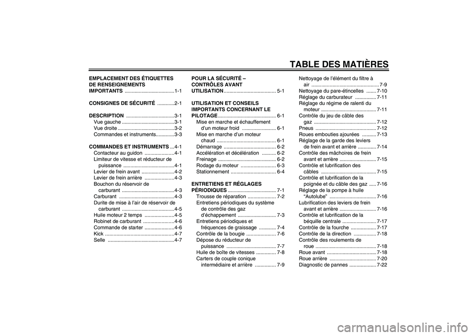 YAMAHA PW50 2011  Notices Demploi (in French) TABLE DES MATIÈRES
EMPLACEMENT DES ÉTIQUETTES 
DE RENSEIGNEMENTS 
IMPORTANTS ................................... 1-1
CONSIGNES DE SÉCURITÉ ............ 2-1
DESCRIPTION ............................