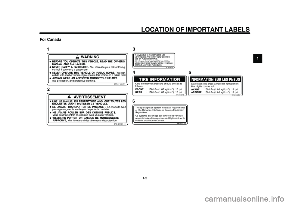 YAMAHA PW50 2010 User Guide  
LOCATION OF IMPORTANT LABELS 
1-2 
1
2
3
4
5
6
7
8
9 For Canada
1
WARNING
BEFORE YOU OPERATE THIS VEHICLE,
READTHE OWNER’S
MANUAL AND ALL
LABELS.NEVER CARRY
A PASSENGER.You increase your
riskof lo