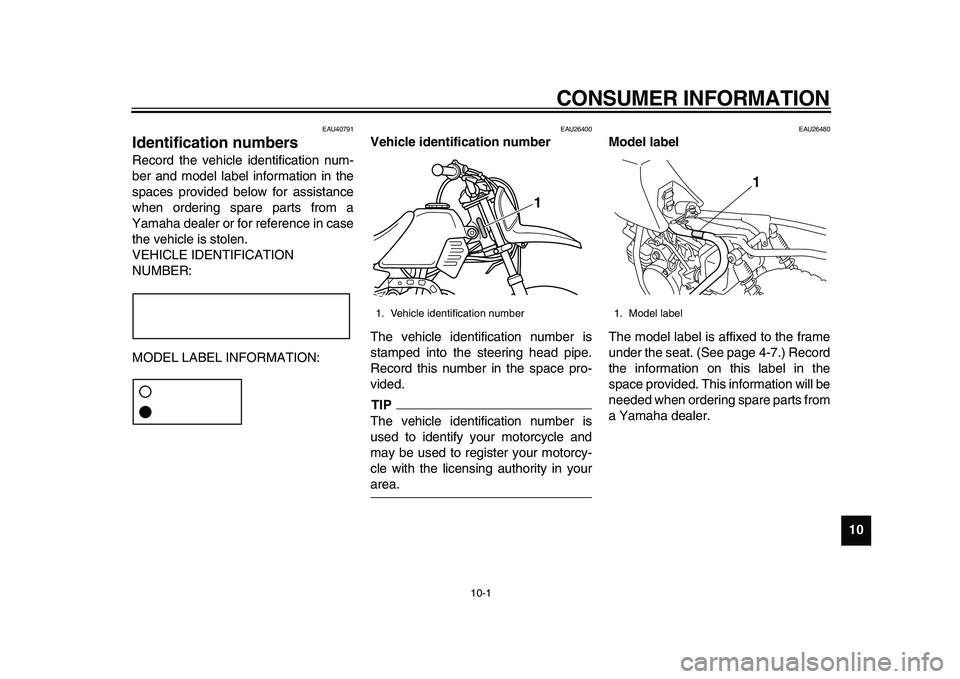 YAMAHA PW50 2010 Repair Manual  
10-1 
2
3
4
5
6
7
8
9
10
 
CONSUMER INFORMATION 
EAU40791 
Identification numbers  
Record the vehicle identification num-
ber and model label information in the
spaces provided below for assistance
