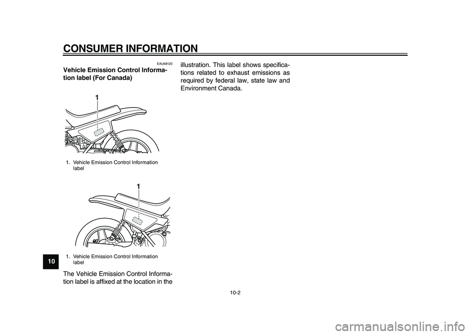 YAMAHA PW50 2010 Repair Manual  
CONSUMER INFORMATION 
10-2 
1
2
3
4
5
6
7
8
9
10
 
EAU48120 
Vehicle Emission Control Informa-
tion label (For Canada)  
The Vehicle Emission Control Informa-
tion label is affixed at the location i