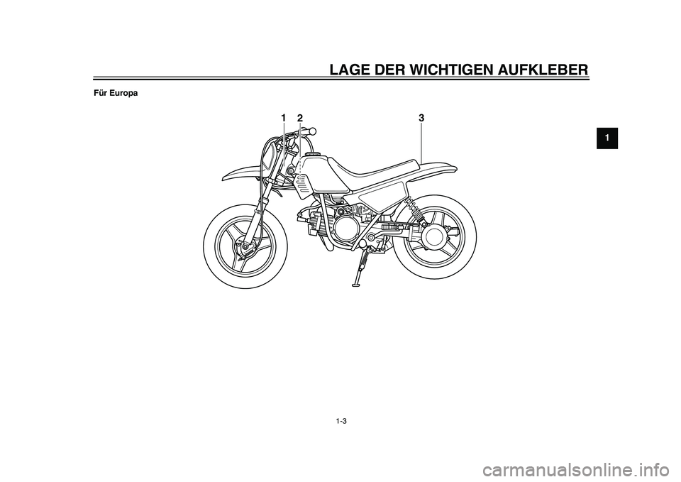 YAMAHA PW50 2010 Betriebsanleitungen (in German)
LAGE DER WICHTIGEN AUFKLEBER
1-3
1
2
3
4
5
6
7
8
9
Für Europa
3
2
1 YAMAHA PW50 2010 Betriebsanleitungen (in German)
LAGE DER WICHTIGEN AUFKLEBER
1-3
1
2
3
4
5
6
7
8
9
Für Europa
3
2
1