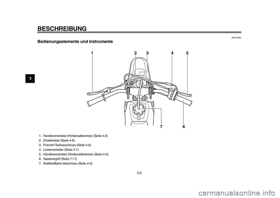 YAMAHA PW50 2010  Betriebsanleitungen (in German)  
BESCHREIBUNG 
3-3 
1
2
3
4
5
6
7
8
9
 
GAU10430 
Bedienungselemente und Instrumente
12
7 345
6
 
1. Handbremshebel (Hinterradbremse) (Seite 4-2)
2. Chokehebel (Seite 4-6)
3. Frischöl-Tankverschluss
