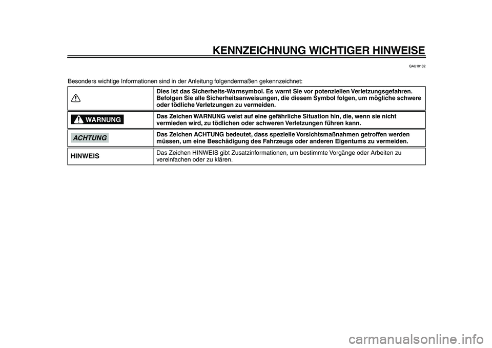 YAMAHA PW50 2010 Betriebsanleitungen (in German)
KENNZEICHNUNG WICHTIGER HINWEISE
GAU10132
Besonders wichtige Informationen sind in der Anleitung folgendermaßen gekennzeichnet:
Dies ist das Sicherheits-Warnsymbol. Es warnt Sie vor potenziellen YAMAHA PW50 2010 Betriebsanleitungen (in German)
KENNZEICHNUNG WICHTIGER HINWEISE
GAU10132
Besonders wichtige Informationen sind in der Anleitung folgendermaßen gekennzeichnet:
Dies ist das Sicherheits-Warnsymbol. Es warnt Sie vor potenziellen