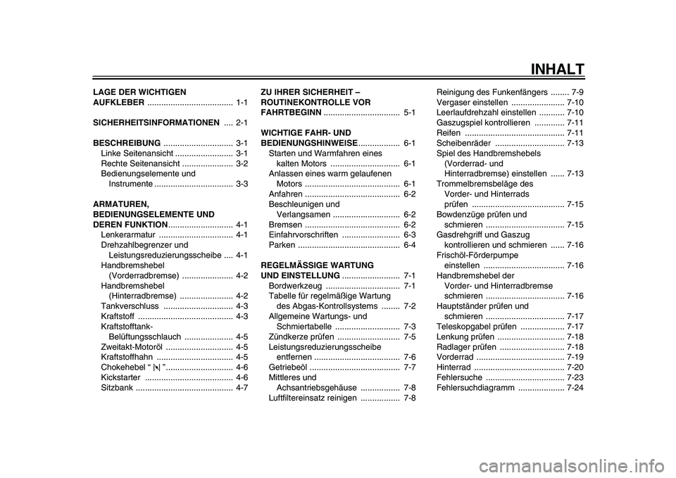 YAMAHA PW50 2010 Betriebsanleitungen (in German)
INHALT
LAGE DER WICHTIGEN
AUFKLEBER
..................................... 1-1
SICHERHEITSINFORMATIONEN
.... 2-1
BESCHREIBUNG
.............................. 3-1
Linke Seitenansicht ..... YAMAHA PW50 2010 Betriebsanleitungen (in German)
INHALT
LAGE DER WICHTIGEN
AUFKLEBER
..................................... 1-1
SICHERHEITSINFORMATIONEN
.... 2-1
BESCHREIBUNG
.............................. 3-1
Linke Seitenansicht .....