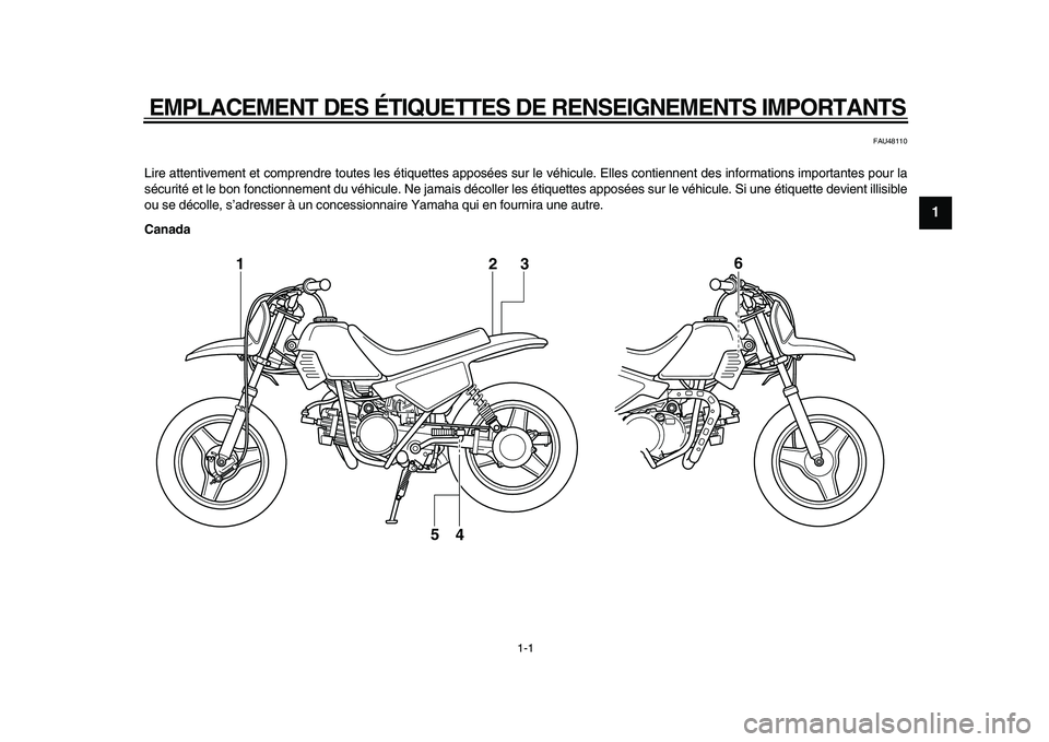 YAMAHA PW50 2010  Notices Demploi (in French)  
1-1 
1
2
3
4
5
6
7
8
9
 
EMPLACEMENT DES ÉTIQUETTES DE RENSEIGNEMENTS IMPORTANTS 
FAU48110 
Lire attentivement et comprendre toutes les étiquettes apposées sur le véhicule. Elles contiennent des