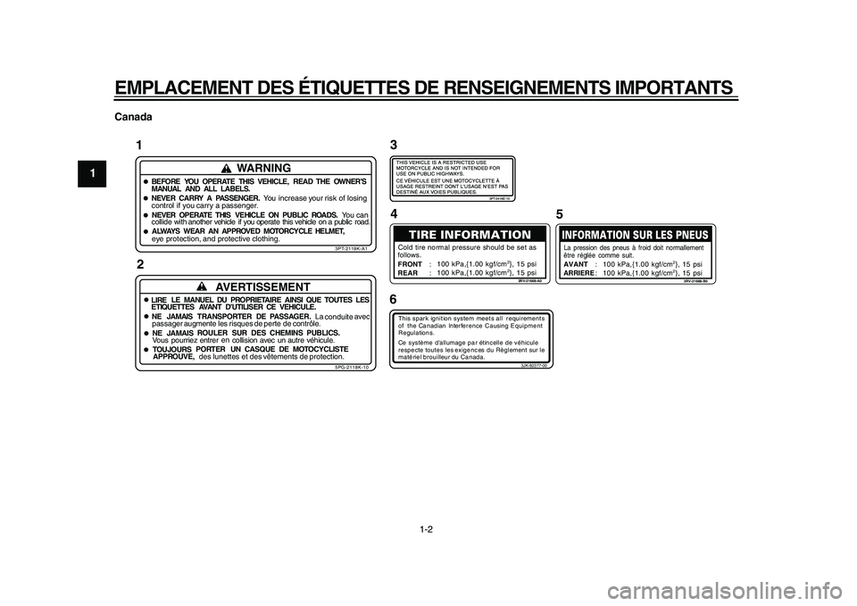 YAMAHA PW50 2010  Notices Demploi (in French)  
EMPLACEMENT DES ÉTIQUETTES DE RENSEIGNEMENTS IMPORTANTS 
1-2 
1
2
3
4
5
6
7
8
9 
Canada
1
WARNING
BEFORE YOU OPERATE THIS VEHICLE,
READTHE OWNER’S
MANUAL AND ALL
LABELS.NEVER CARRY
A PASSENGER.Yo