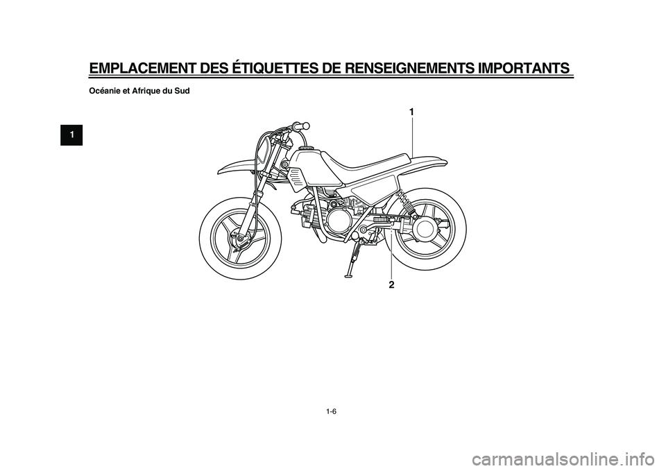 YAMAHA PW50 2010  Notices Demploi (in French)  
EMPLACEMENT DES ÉTIQUETTES DE RENSEIGNEMENTS IMPORTANTS 
1-6 
1
2
3
4
5
6
7
8
9 
Océanie et Afrique du Sud
1
2 