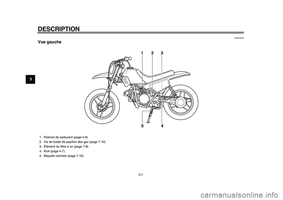 YAMAHA PW50 2010 Notices Demploi (in French)
3-1
1
2
3
4
5
6
7
8
9
DESCRIPTION
FAU10410
Vue gauche
123
4 5
1. Robinet de carburant (page 4-6)
2. Vis de butée de papillon des gaz (page 7-10)
3.Élément du filtre à air (page 7-8)
4. YAMAHA PW50 2010 Notices Demploi (in French)
3-1
1
2
3
4
5
6
7
8
9
DESCRIPTION
FAU10410
Vue gauche
123
4 5
1. Robinet de carburant (page 4-6)
2. Vis de butée de papillon des gaz (page 7-10)
3.Élément du filtre à air (page 7-8)
4.