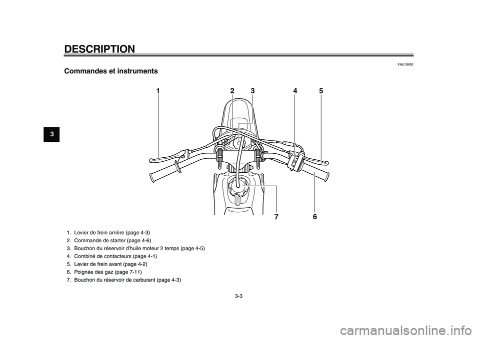 YAMAHA PW50 2010 Notices Demploi (in French)
DESCRIPTION
3-3
1
2
3
4
5
6
7
8
9
FAU10430
Commandes et instruments
12
7 345
6
1. Levier de frein arrière (page 4-3)
2. Commande de starter (page 4-6)
3. Bouchon du réservoir d’huile mote YAMAHA PW50 2010 Notices Demploi (in French)
DESCRIPTION
3-3
1
2
3
4
5
6
7
8
9
FAU10430
Commandes et instruments
12
7 345
6
1. Levier de frein arrière (page 4-3)
2. Commande de starter (page 4-6)
3. Bouchon du réservoir d’huile mote