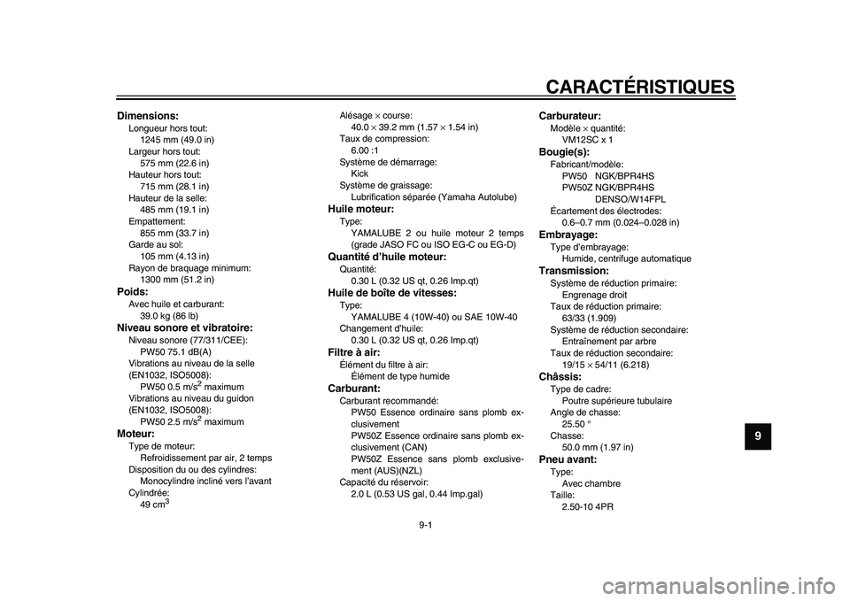 YAMAHA PW50 2010  Notices Demploi (in French)  
9-1 
2
3
4
5
6
7
8
9
 
CARACTÉRISTIQUES 
FAU2633X 
Dimensions: 
Longueur hors tout: 
1245 mm (49.0 in)
Largeur hors tout: 
575 mm (22.6 in)
Hauteur hors tout: 
715 mm (28.1 in)
Hauteur de la selle: