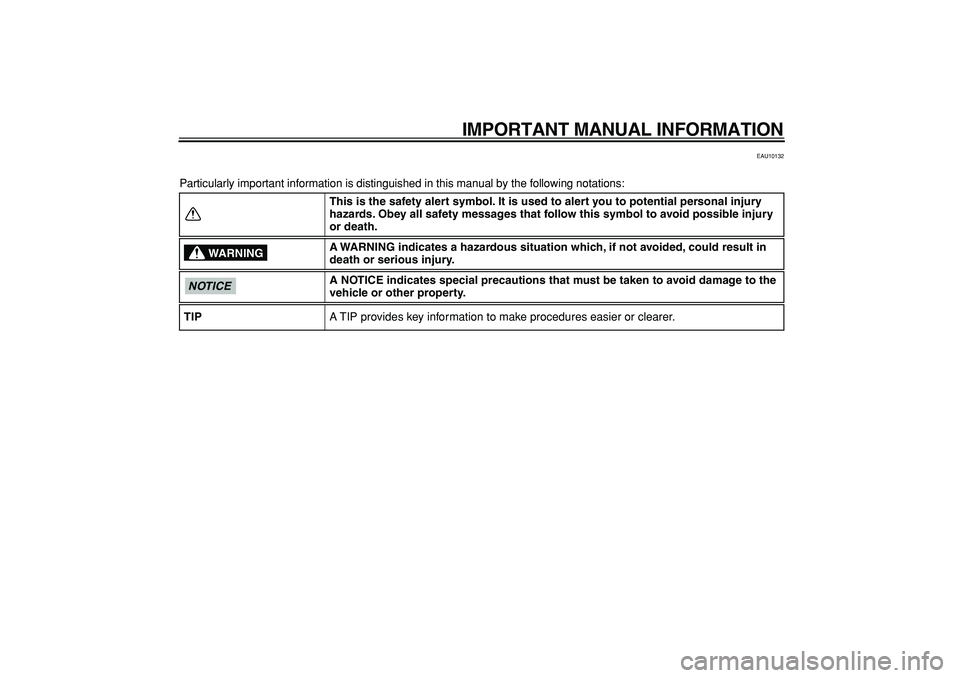 YAMAHA PW50 2009  Owners Manual  
IMPORTANT MANUAL INFORMATION 
EAU10132 
Particularly important information is distinguished in this manual by the following notations: 
This is the safety alert symbol. It is used to alert you to po