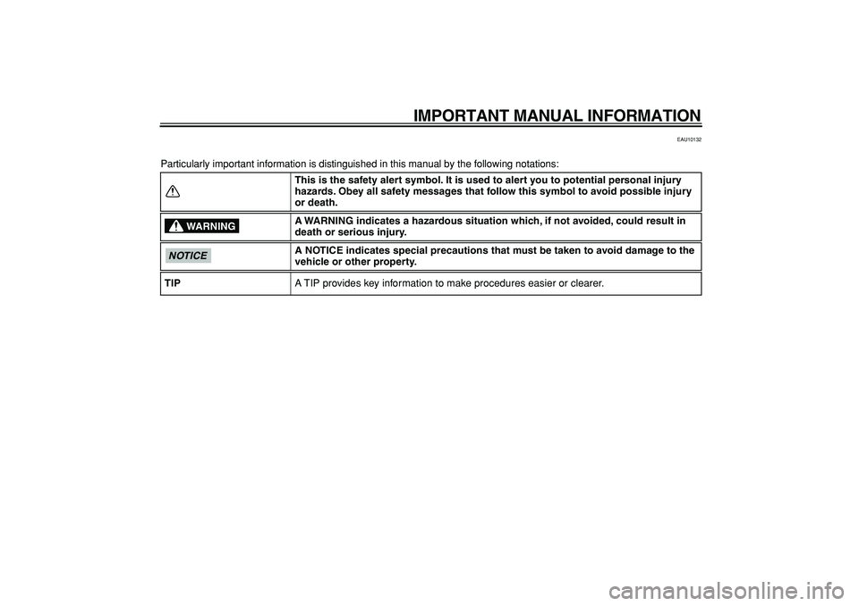 YAMAHA PW50 2009 Owners Manual
IMPORTANT MANUAL INFORMATION
EAU10132
Particularly important information is distinguished in this manual by the following notations:
This is the safety alert symbol. It is used to alert you to po YAMAHA PW50 2009 Owners Manual
IMPORTANT MANUAL INFORMATION
EAU10132
Particularly important information is distinguished in this manual by the following notations:
This is the safety alert symbol. It is used to alert you to po