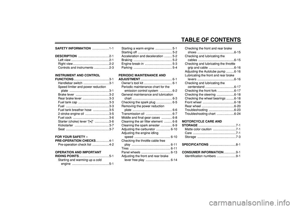 YAMAHA PW50 2009  Owners Manual  
TABLE OF CONTENTS 
SAFETY INFORMATION 
 ................... 1-1 
DESCRIPTION 
 ................................... 2-1
Left view ........................................... 2-1
Right view ..........