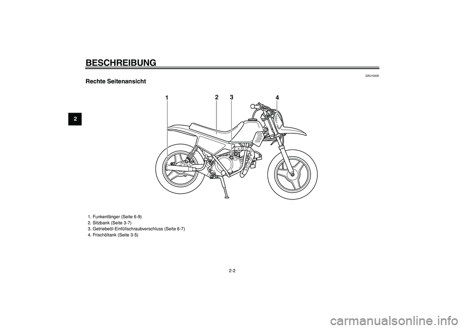 YAMAHA PW50 2009 Betriebsanleitungen (in German)
BESCHREIBUNG
2-2
1
2
3
4
5
6
7
8
9
GAU10420
Rechte Seitenansicht
3
12
4
1. Funkenfänger (Seite 6-9)
2. Sitzbank (Seite 3-7)
3. Getriebeöl-Einfüllschraubverschluss (Seite 6-7)
4. Frisch YAMAHA PW50 2009 Betriebsanleitungen (in German)
BESCHREIBUNG
2-2
1
2
3
4
5
6
7
8
9
GAU10420
Rechte Seitenansicht
3
12
4
1. Funkenfänger (Seite 6-9)
2. Sitzbank (Seite 3-7)
3. Getriebeöl-Einfüllschraubverschluss (Seite 6-7)
4. Frisch