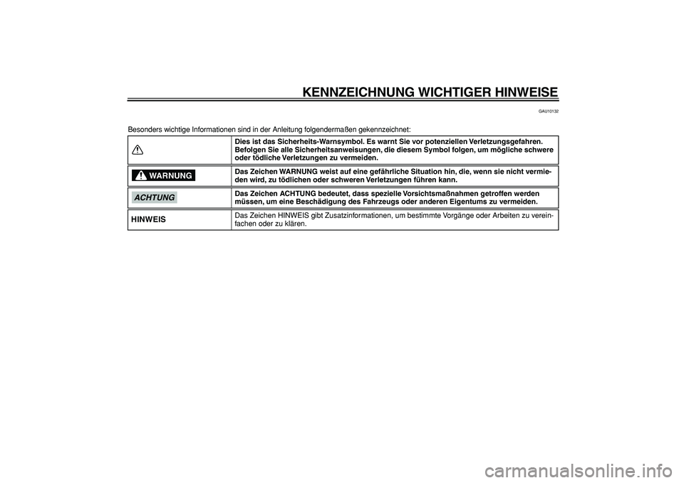 YAMAHA PW50 2009 Betriebsanleitungen (in German)
KENNZEICHNUNG WICHTIGER HINWEISE
GAU10132
Besonders wichtige Informationen sind in der Anleitung folgendermaßen gekennzeichnet:
Dies ist das Sicherheits-Warnsymbol. Es warnt Sie vor potenziellen YAMAHA PW50 2009 Betriebsanleitungen (in German)
KENNZEICHNUNG WICHTIGER HINWEISE
GAU10132
Besonders wichtige Informationen sind in der Anleitung folgendermaßen gekennzeichnet:
Dies ist das Sicherheits-Warnsymbol. Es warnt Sie vor potenziellen