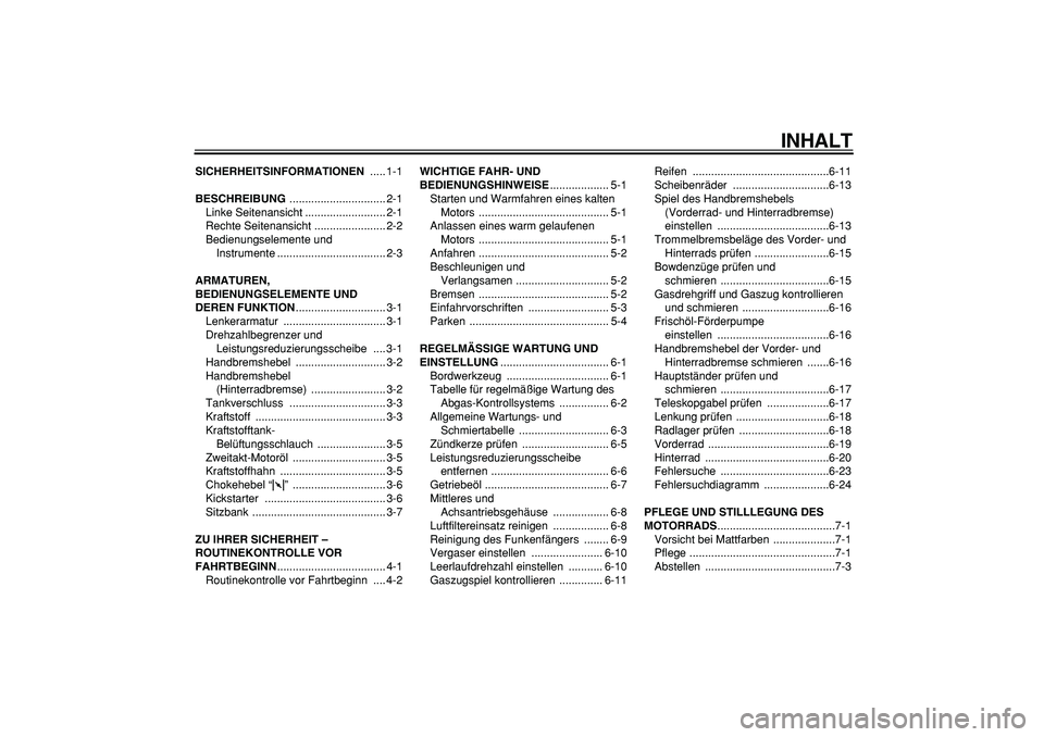 YAMAHA PW50 2009 Betriebsanleitungen (in German)
INHALT
SICHERHEITSINFORMATIONEN
..... 1-1
BESCHREIBUNG
............................... 2-1
Linke Seitenansicht .......................... 2-1
Rechte Seitenansicht ....................... 2-2
B YAMAHA PW50 2009 Betriebsanleitungen (in German)
INHALT
SICHERHEITSINFORMATIONEN
..... 1-1
BESCHREIBUNG
............................... 2-1
Linke Seitenansicht .......................... 2-1
Rechte Seitenansicht ....................... 2-2
B