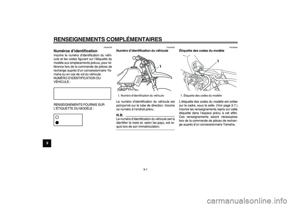 YAMAHA PW50 2009  Notices Demploi (in French)  
9-1 
1
2
3
4
5
6
7
8
9
 
RENSEIGNEMENTS COMPLÉMENTAIRES 
FAU40790 
Numéros d’identification  
Inscrire le numéro d’identification du véhi-
cule et les codes figurant sur l’étiquette du
mo