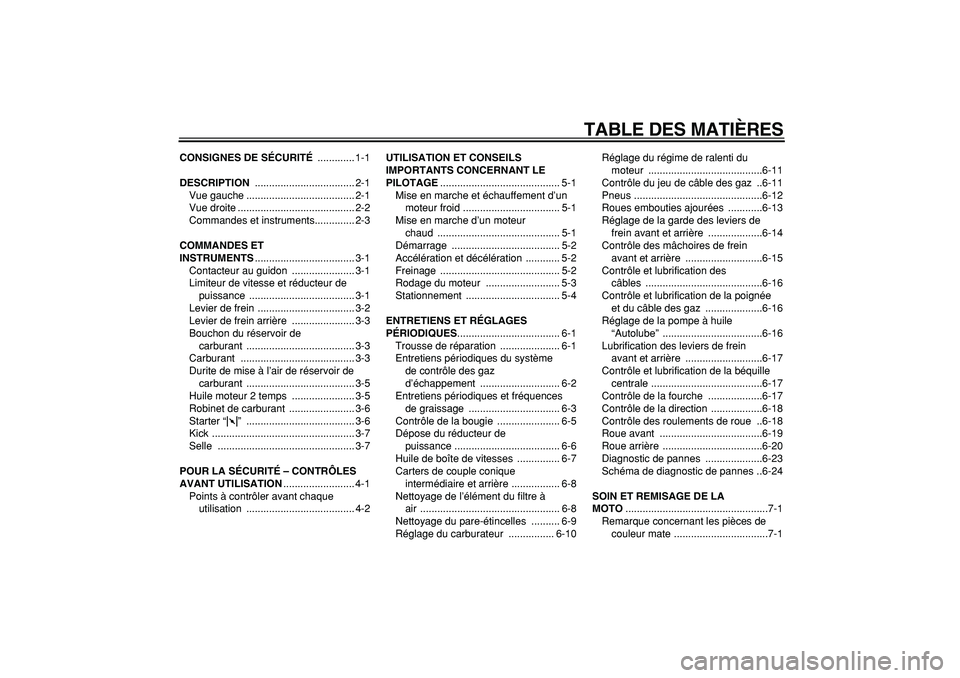 YAMAHA PW50 2009 Notices Demploi (in French)
TABLE DES MATIÈRES
CONSIGNES DE SÉCURITÉ
............. 1-1
DESCRIPTION
................................... 2-1
Vue gauche ...................................... 2-1
Vue droite ............. YAMAHA PW50 2009 Notices Demploi (in French)
TABLE DES MATIÈRES
CONSIGNES DE SÉCURITÉ
............. 1-1
DESCRIPTION
................................... 2-1
Vue gauche ...................................... 2-1
Vue droite .............