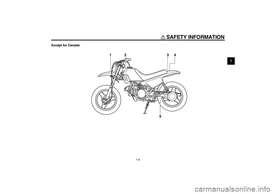 YAMAHA PW50 2008 User Guide  
SAFETY INFORMATION 
1-6 
1 
Except for Canada
4 3
5
1
2 