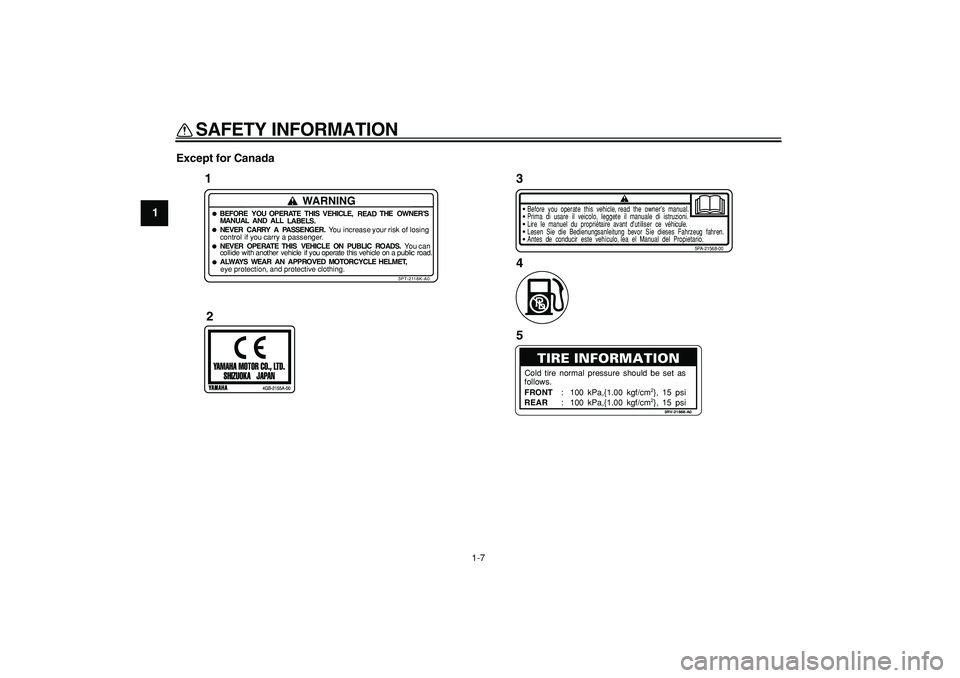 YAMAHA PW50 2008 User Guide  
SAFETY INFORMATION 
1-7 
1 
Except for Canada
1
WARNING
BEFORE YOU OPERATE THIS VEHICLE,
READTHE OWNER’S
MANUAL AND ALL
LABELS.NEVER CARRY
A PASSENGER.You increase your
riskof losing
control if yo