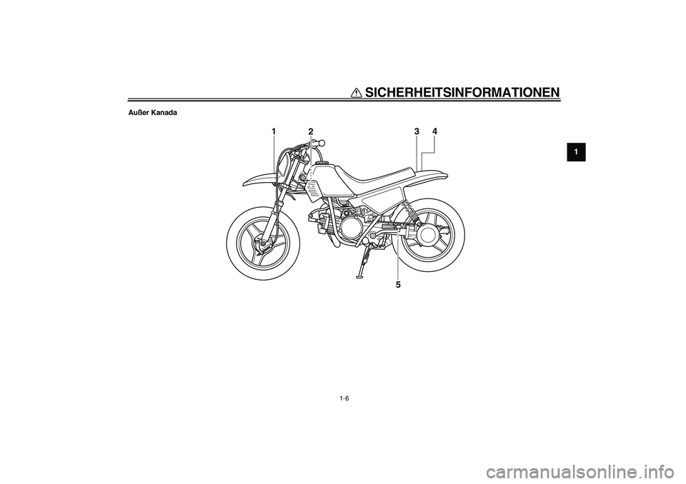YAMAHA PW50 2008  Betriebsanleitungen (in German)  
SICHERHEITSINFORMATIONEN 
1-6 
1 
Außer Kanada
4 3
5
1
2 