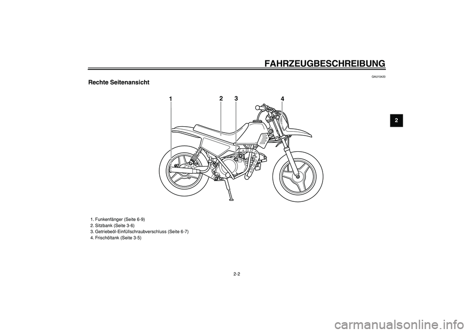 YAMAHA PW50 2008 Betriebsanleitungen (in German)
FAHRZEUGBESCHREIBUNG
2-2
2
3
4
5
6
7
8
9
GAU10420
Rechte Seitenansicht
3
12
4
1. Funkenfänger (Seite 6-9)
2. Sitzbank (Seite 3-6)
3. Getriebeöl-Einfüllschraubverschluss (Seite 6-7)
4. Fris YAMAHA PW50 2008 Betriebsanleitungen (in German)
FAHRZEUGBESCHREIBUNG
2-2
2
3
4
5
6
7
8
9
GAU10420
Rechte Seitenansicht
3
12
4
1. Funkenfänger (Seite 6-9)
2. Sitzbank (Seite 3-6)
3. Getriebeöl-Einfüllschraubverschluss (Seite 6-7)
4. Fris