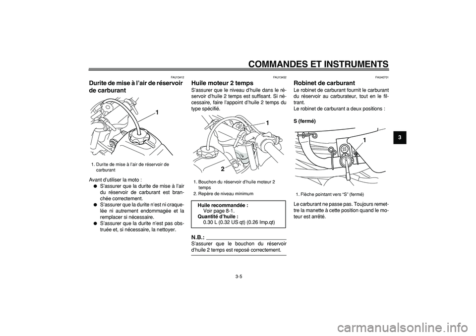 YAMAHA PW50 2008  Notices Demploi (in French)  
COMMANDES ET INSTRUMENTS 
3-5 
2
34
5
6
7
8
9
 
FAU13412 
Durite de mise à l’air de réservoir 
de carburant  
Avant d’utiliser la moto : 
 
S’assurer que la durite de mise à l’air
du ré