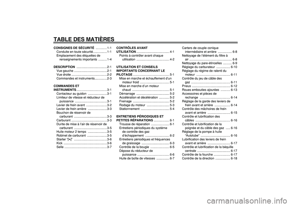 YAMAHA PW50 2008  Notices Demploi (in French)  
TABLE DES MATIÈRES 
CONSIGNES DE SÉCURITÉ 
 .............1-1
Conduite en toute sécurité................1-1
Emplacement des étiquettes de 
renseignements importants  ..........1-4 
DESCRIPTION 