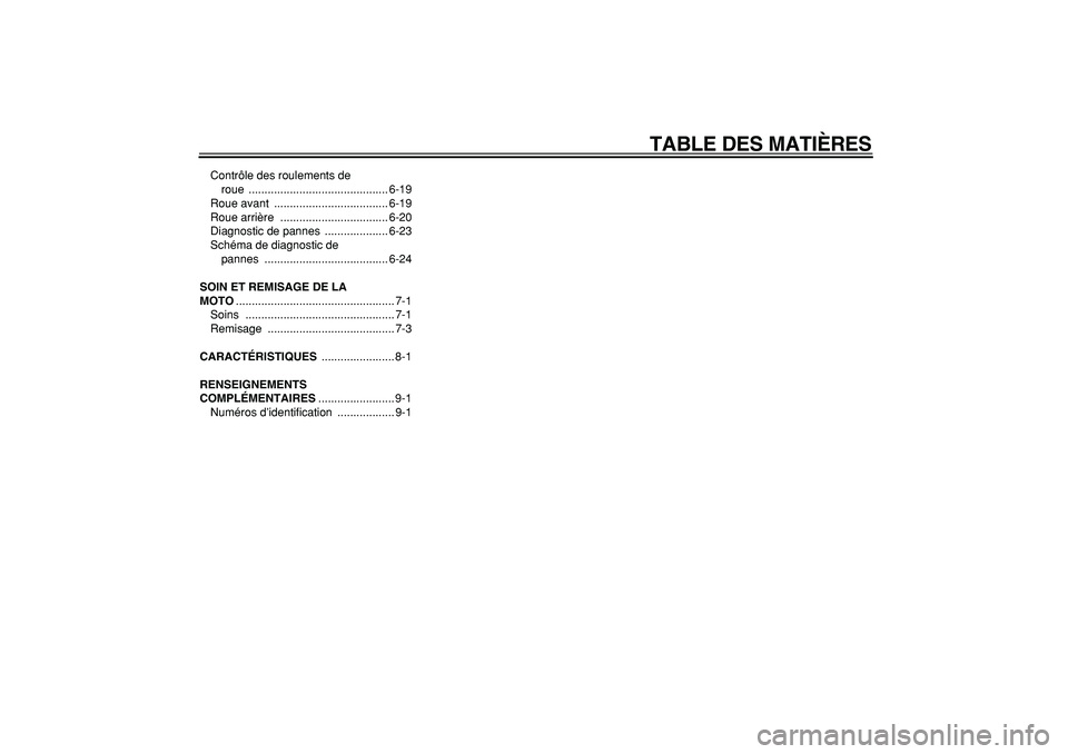 YAMAHA PW50 2007  Notices Demploi (in French)  
TABLE DES MATIÈRES 
Contrôle des roulements de 
roue ............................................ 6-19
Roue avant  .................................... 6-19
Roue arrière  ........................