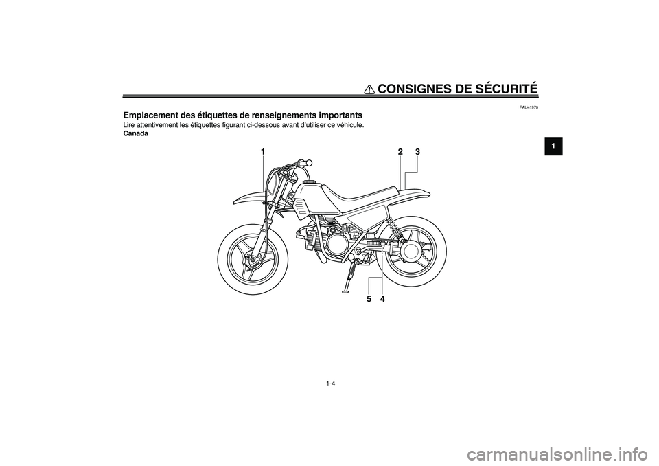 YAMAHA PW50 2007  Notices Demploi (in French)  
CONSIGNES DE SÉCURITÉ 
1-4 
1 
FAU41970 
Emplacement des étiquettes de renseignements importants  
Lire attentivement les étiquettes figurant ci-dessous avant d’utiliser ce véhicule. 
Canada
