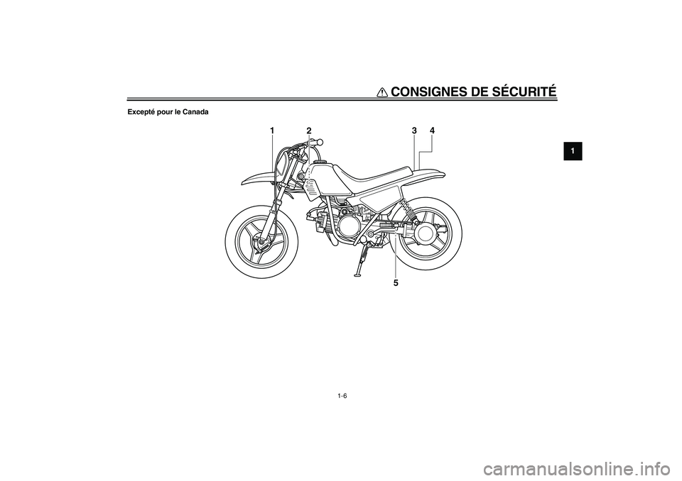 YAMAHA PW50 2007  Notices Demploi (in French)  
CONSIGNES DE SÉCURITÉ 
1-6 
1 
Excepté pour le Canada
4 3
5
1
2 