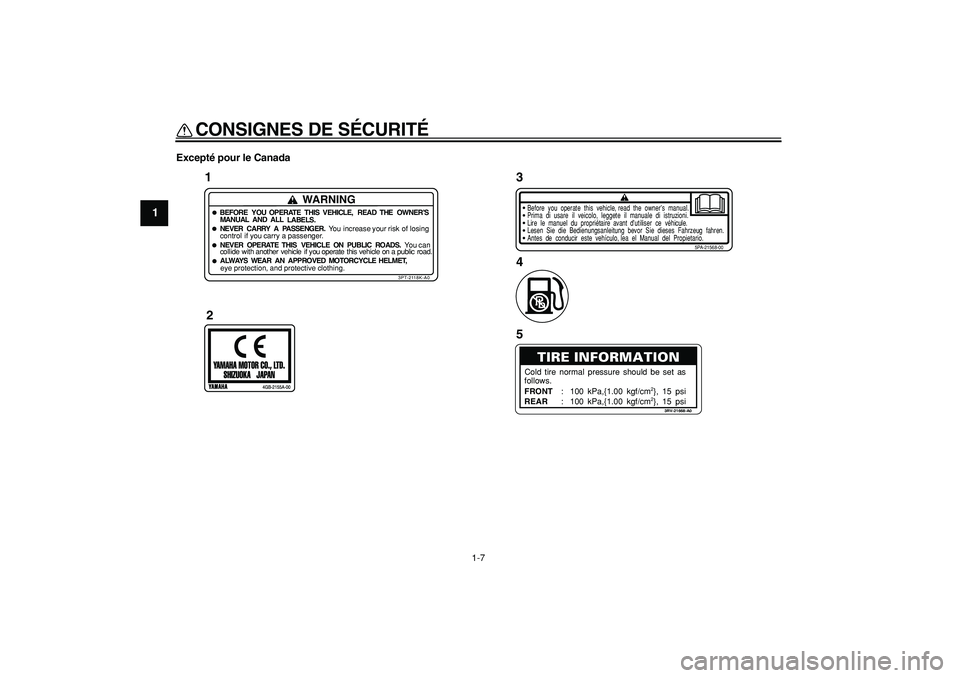 YAMAHA PW50 2007  Notices Demploi (in French)  
CONSIGNES DE SÉCURITÉ 
1-7 
1 
Excepté pour le Canada
1
WARNING
BEFORE YOU OPERATE THIS VEHICLE,
READTHE OWNER’S
MANUAL AND ALL
LABELS.NEVER CARRY
A PASSENGER.You increase your
riskof losing
co