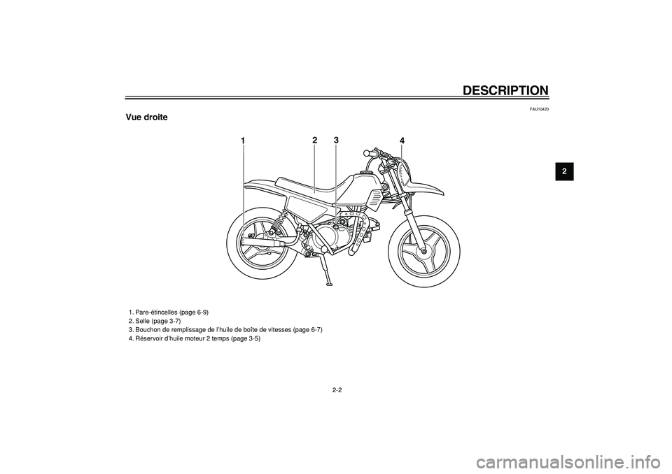 YAMAHA PW50 2007  Notices Demploi (in French)  
DESCRIPTION 
2-2 
2
3
4
5
6
7
8
9
 
FAU10420 
Vue droite
3
12
4
 
1. Pare-étincelles (page 6-9)
2. Selle (page 3-7)
3. Bouchon de remplissage de l’huile de boîte de vitesses (page 6-7)
4. Réser
