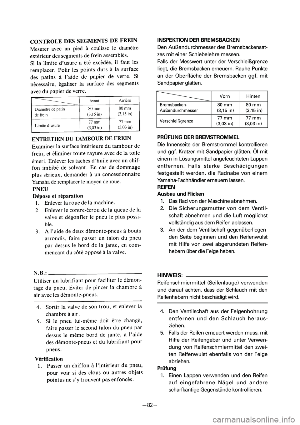 YAMAHA PW50 2006  Owners Manual INSPEKTION DER BREMSBACKEN
Den Außendurchmesser des Bremsbackensat-
zes mit einer Schiebelehre messen. 
Falls der Messwert unter der Verschleißgrenze
liegt, die Bremsbacken erneuern. Rauhe Punkte
an