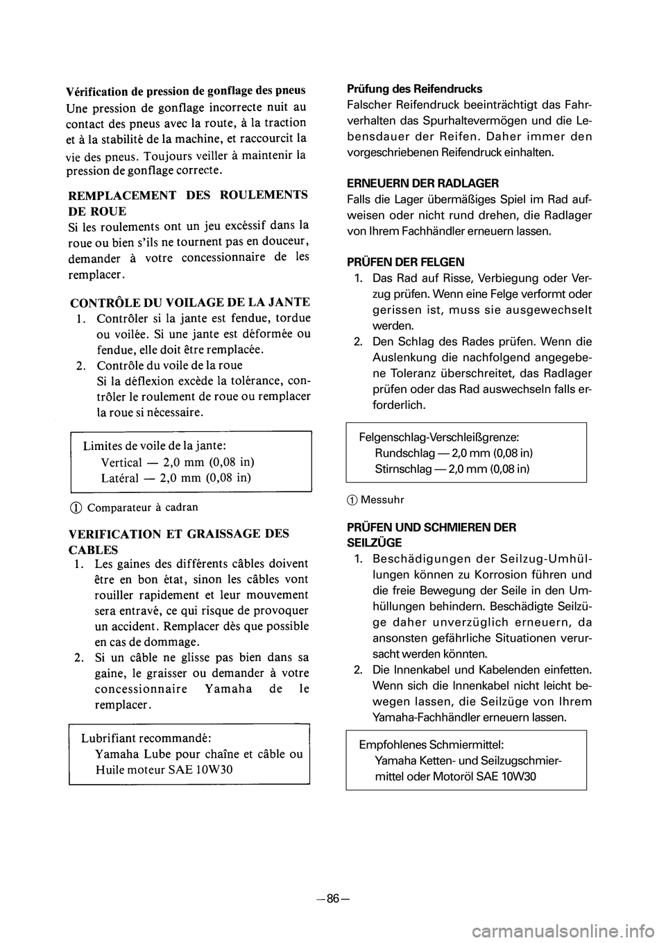 YAMAHA PW50 2006  Owners Manual Prüfung des Reifendrucks
Falscher Reifendruck beeinträchtigt das Fahr-
verhalten das Spurhaltevermögen und die Le-
bensdauer der Reifen. Daher immer den
vorgeschriebenen Reifendruck einhalten.
ERNE