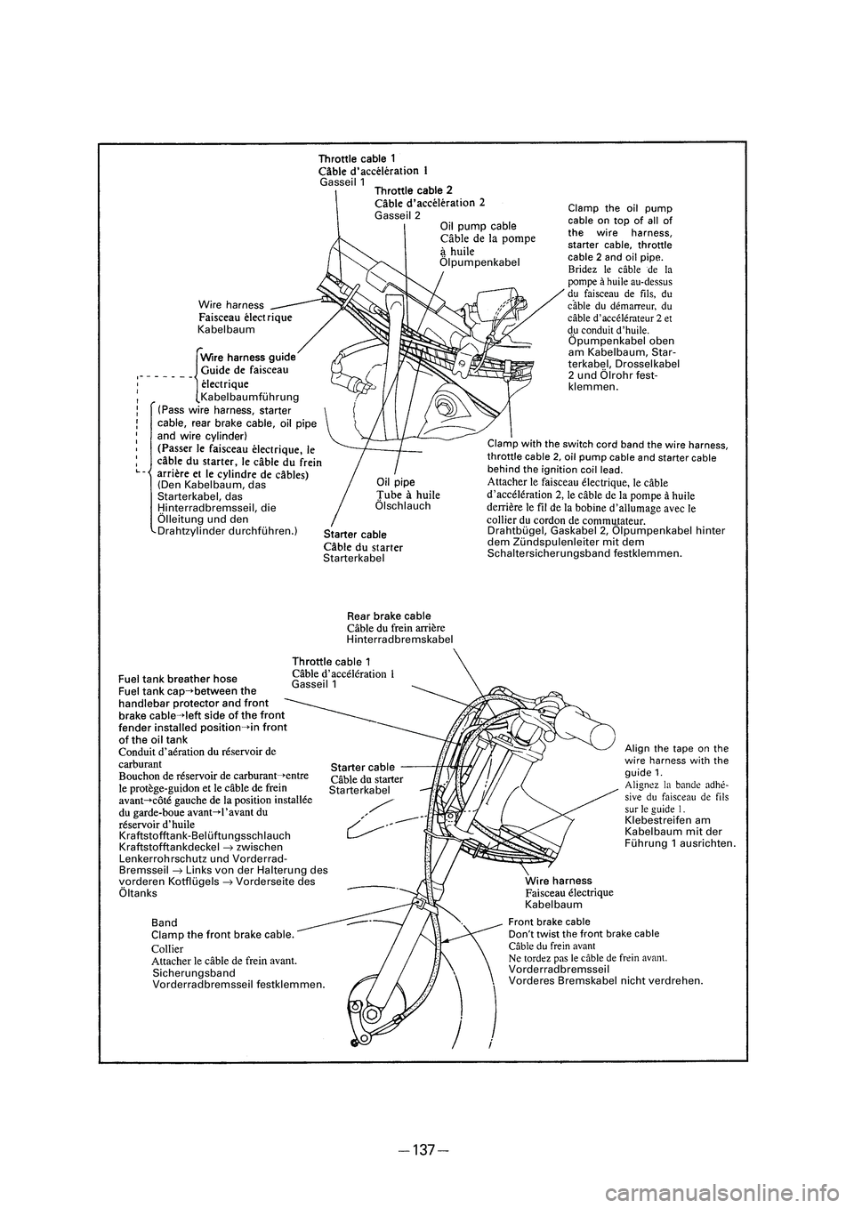 YAMAHA PW50 2006  Owners Manual Gasseil 1
Gasseil 2
Ölpumpenkabel
Öpumpenkabel oben
am Kabelbaum, Star-
terkabel, Drosselkabel
2 und Ölrohr fest-
klemmen.
Drahtbügel, Gaskabel 2, Ölpumpenkabel hinter
dem Zündspulenleiter mit d
