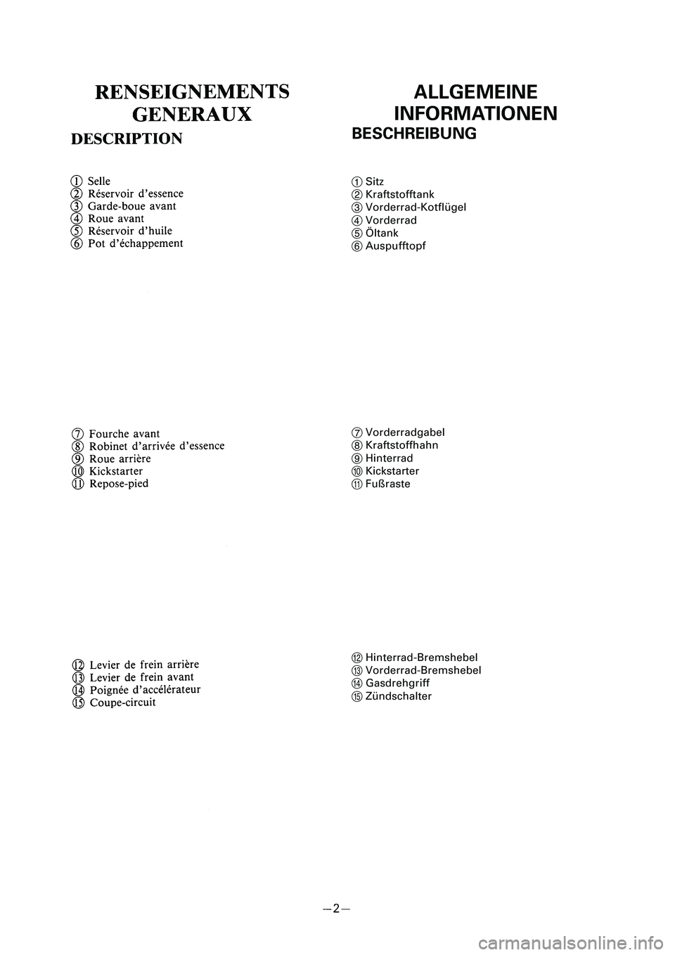 YAMAHA PW50 2006 Owners Manual ALLGEMEINE
INFORMATIONEN
BESCHREIBUNG
1Sitz
2Kraftstofftank
3Vorderrad-Kotflügel
4Vorderrad
5Öltank
6Auspufftopf
7Vorderradgabel
8Kraftstoffhahn
9Hinterrad
0Kickstarter
qFußraste
wHinterrad-Bremshe